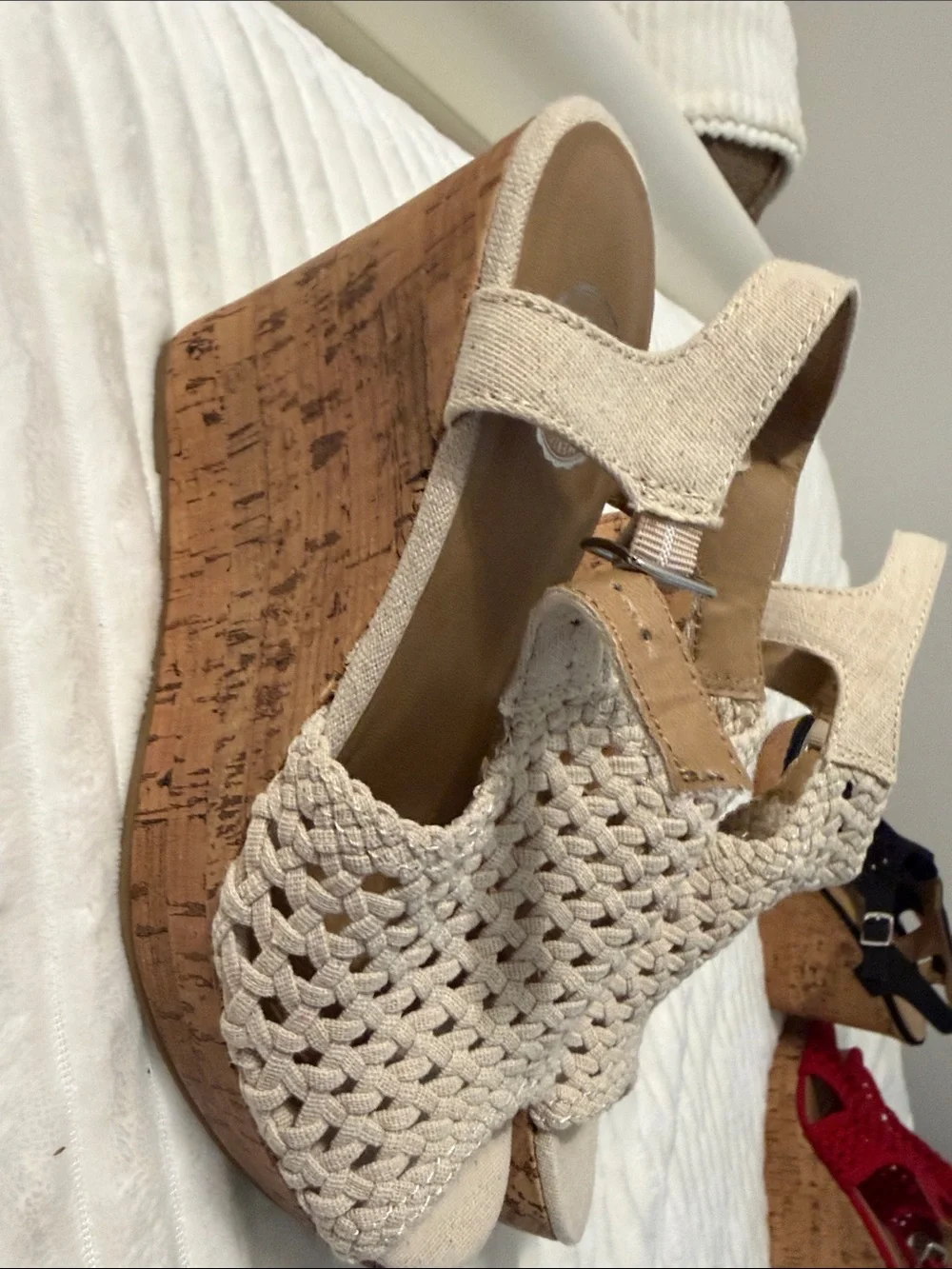 SoftWalk Beige Woven Peep-Toe Slingback Wedges